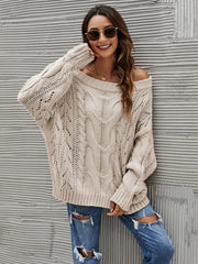 Cable Knit Openwork Off-Shoulder Sweater LIAXO