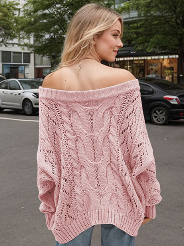 Cable Knit Openwork Off-Shoulder Sweater LIAXO