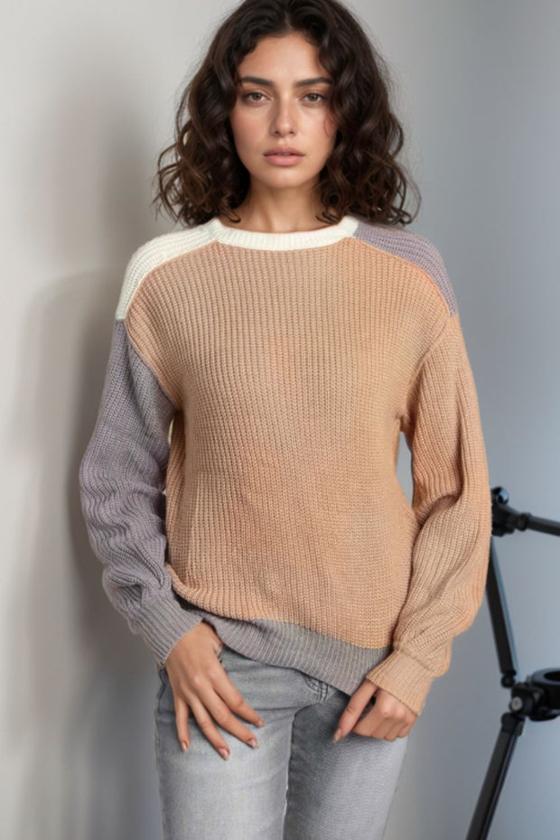 Color Block Round Neck Drop Shoulder Sweater LIAXO