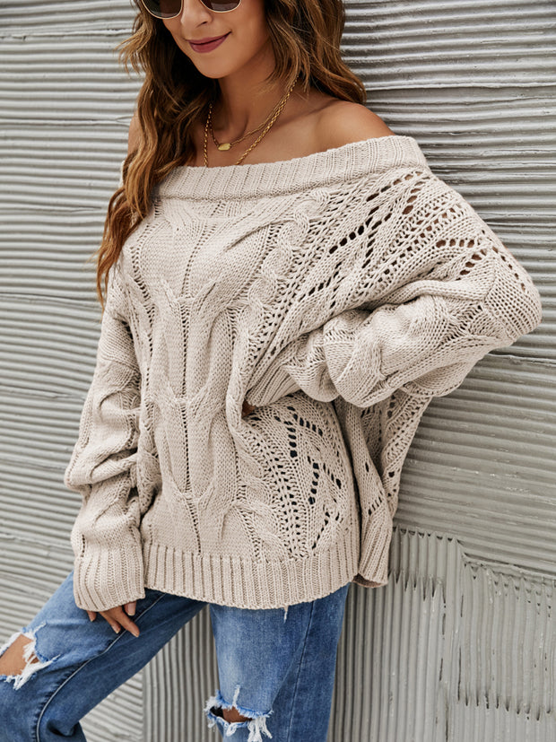 Cable Knit Openwork Off-Shoulder Sweater LIAXO