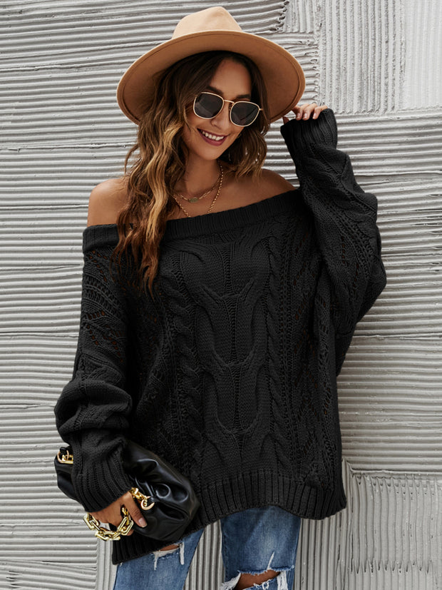 Cable Knit Openwork Off-Shoulder Sweater LIAXO