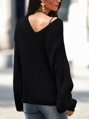 Full Size Lace Up V-Neck Long Sleeve Sweater LIAXO