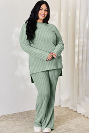 Basic Bae Full Size Ribbed High-Low Top and Wide Leg Pants Set LIAXO