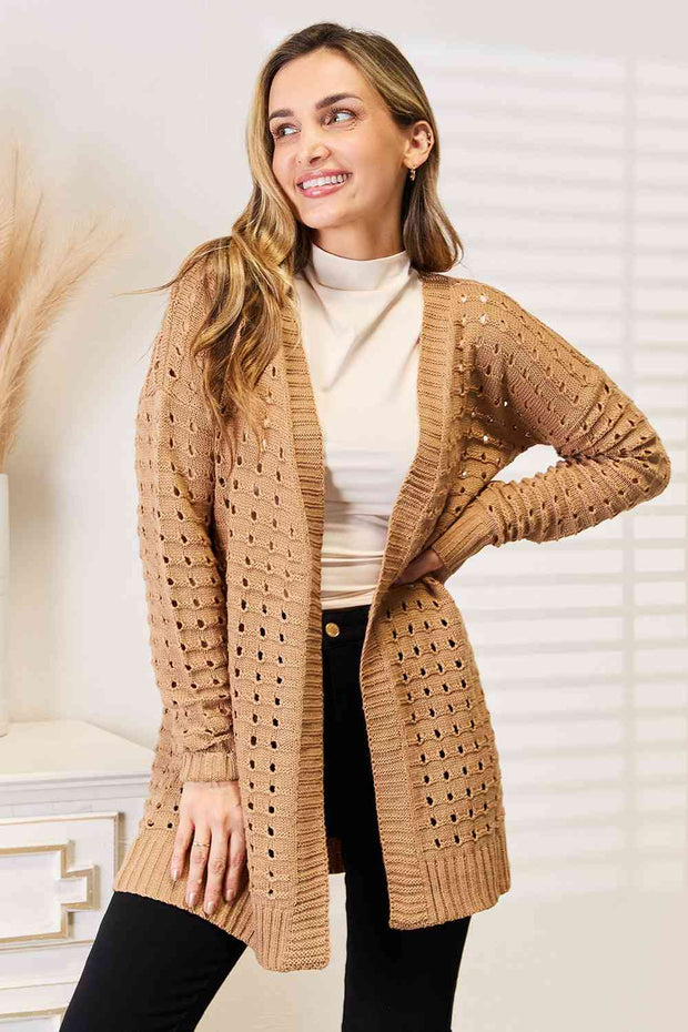 Woven Right Openwork Horizontal Ribbing Open Front Cardigan LIAXO