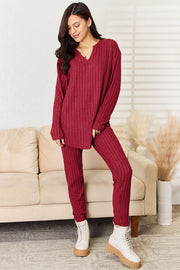 Basic Bae Full Size Notched Long Sleeve Top and Pants Set LIAXO