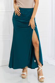Up and Up Ruched Slit Maxi Skirt in Teal LIAXO