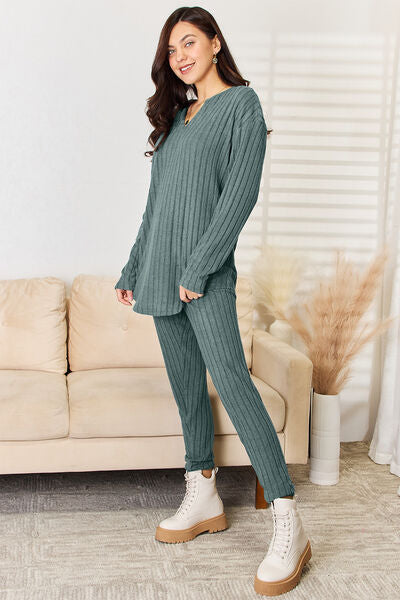 Basic Bae Full Size Notched Long Sleeve Top and Pants Set LIAXO