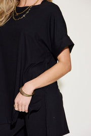 Zenana Plus Size Short Sleeve Slit T-Shirt and Leggings Lounge Set LIAXO