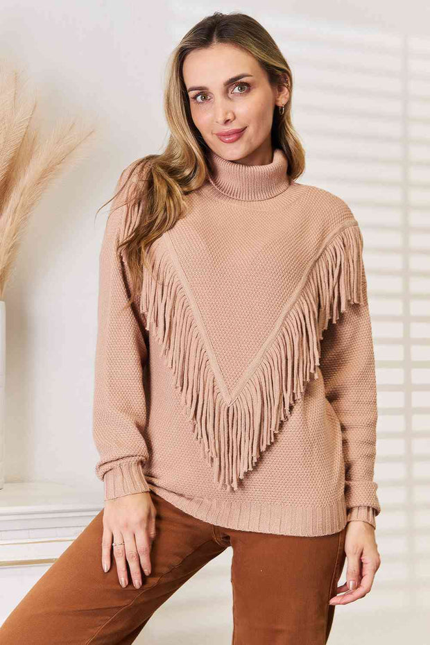Woven Right Turtleneck Fringe Front Long Sleeve Sweater LIAXO