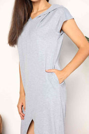 Double Take Short Sleeve Front Slit Hooded Dress LIAXO