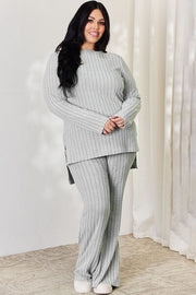 Basic Bae Full Size Ribbed High-Low Top and Wide Leg Pants Set LIAXO