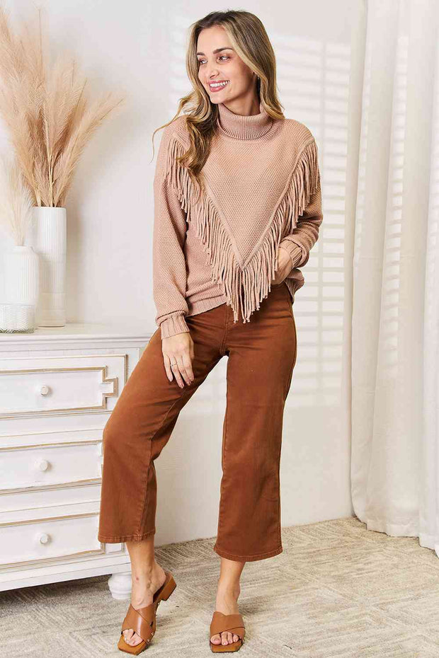 Woven Right Turtleneck Fringe Front Long Sleeve Sweater LIAXO